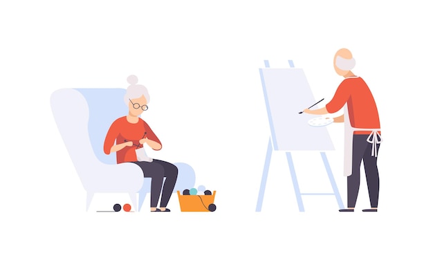 Idosos Hobbies Set Homem idoso Pintura em tela e Mulher idosa Tricô Estilo de vida ativo Conceito Ilustração vetorial plana