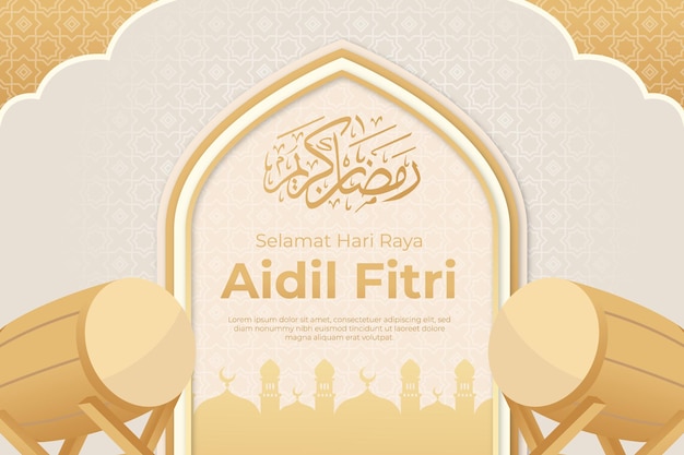 Vetor idul fitri com bandeira islâmica realista de bedug e mesquita eid al fitr background