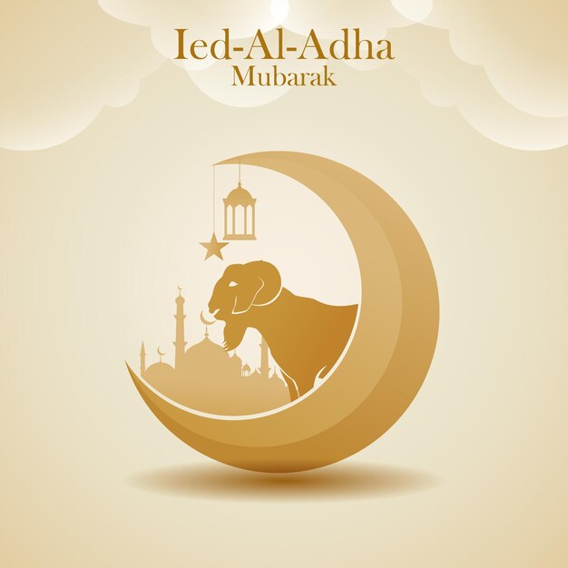 Ied adha01Festival islâmico de sacrifício EidAlAdha Mubarak banner com silhueta de mesquita e ovelhas em lua crescente