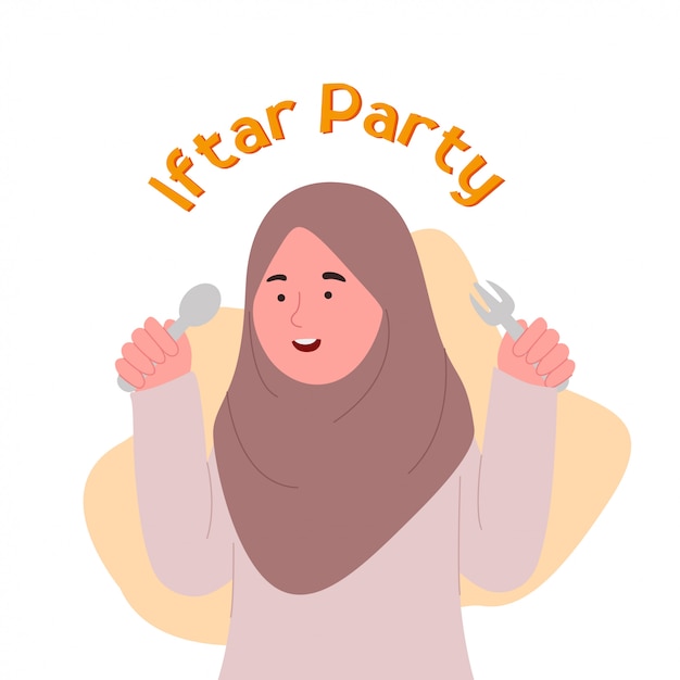 Iftar party hijab menina bonitinha segurando garfo e colher