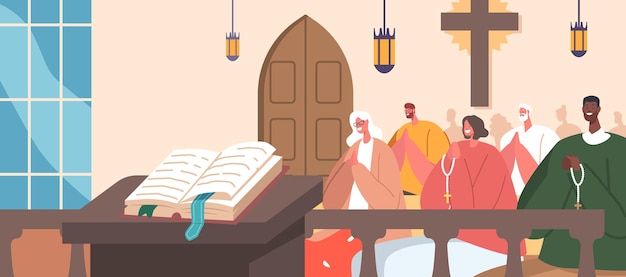 Igreja Católica Cheia de Pessoas Reunidas para Adoração ou Celebração Personagens Masculinos Femininos Rezando Sentados no Banco