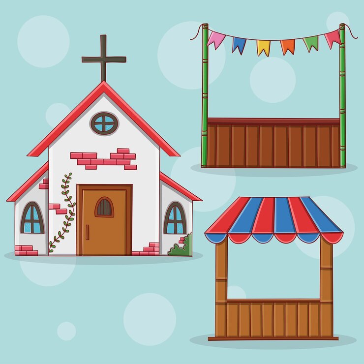 Vetor igreja e barracas da festa junina brasileira