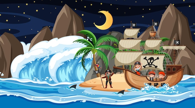 Ilha com o navio pirata na cena noturna em estilo cartoon