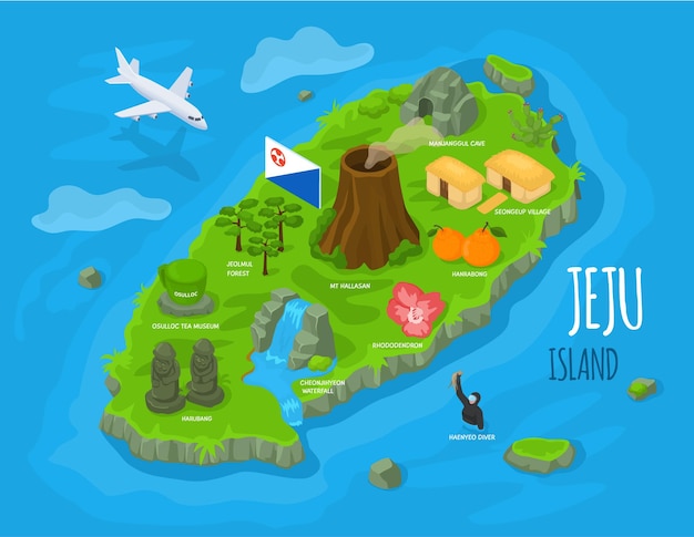 Vetor ilha de jeju isométrica mapa de jejudo da coreia do sul com atrações de jeju hallasan dol hareubang ou harubang