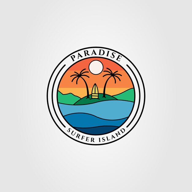 Ilha de surfista do paraíso ou design de ilustração vetorial de logotipo de praia