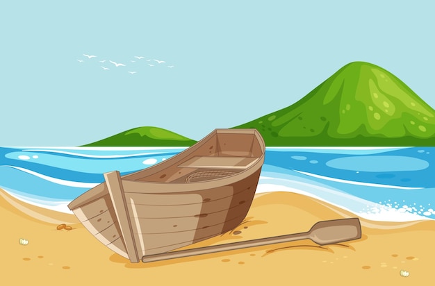 Vetor ilha deserta com barco quebrado deitado na praia