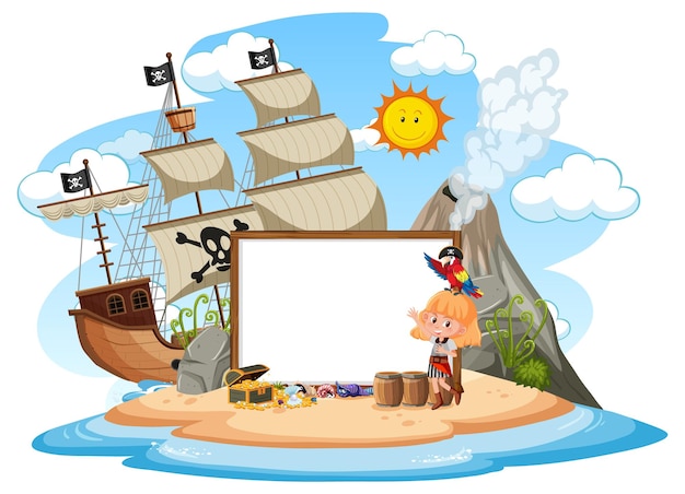 Vetor ilha do pirata com modelo de banner em branco isolado