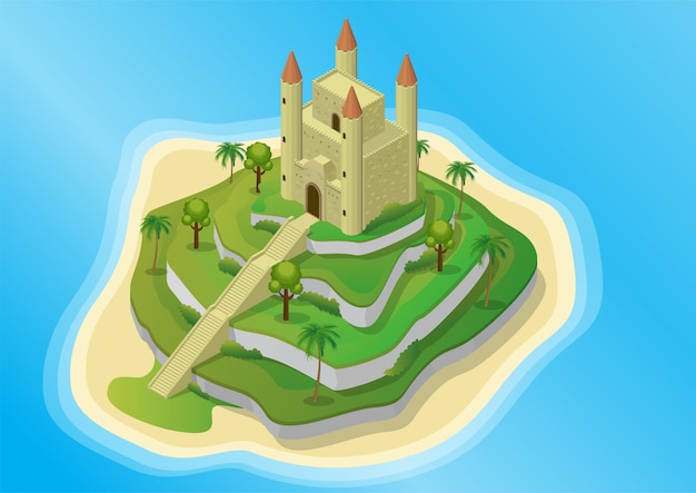 Ilha isométrica com castelo medieval em terraços.