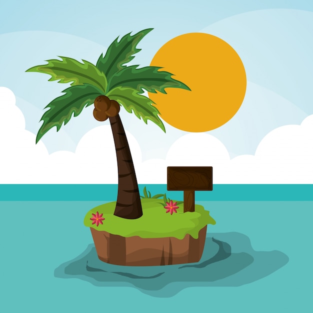 Vetor ilha paradisíaca palma sol placa de madeira