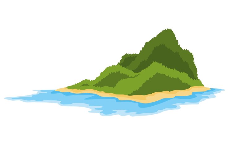 Vetor ilha tropical com árvores verdes no oceano ilha desabitada com praia cercada de água do mar terra vazia e sem pessoas paisagem natural exótica para férias ou férias de fim de semana de verão