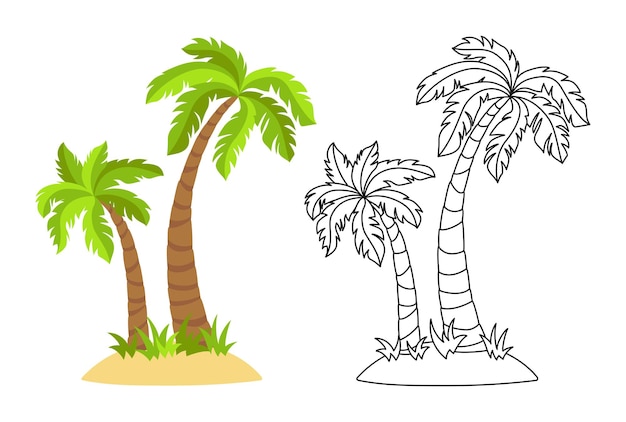 Ilha tropical com cartoon plana de palmeiras e conjunto de linha.