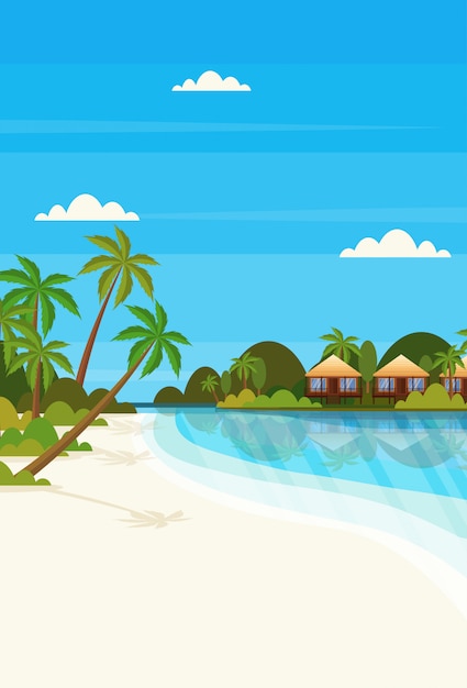 ilha tropical com villa hotel bungalow na praia à beira-mar verde palmeiras paisagem verão férias plana