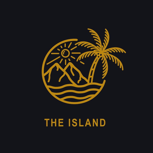 Ilha tropical de onda oceânica e ilustração vetorial de arte de linha de logotipo de palmeira
