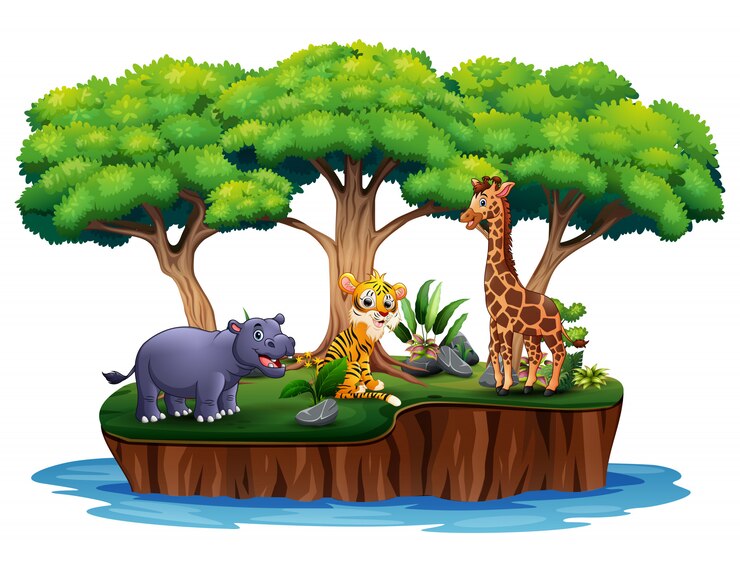 Vetor ilha tropical dos desenhos animados com muitos animais