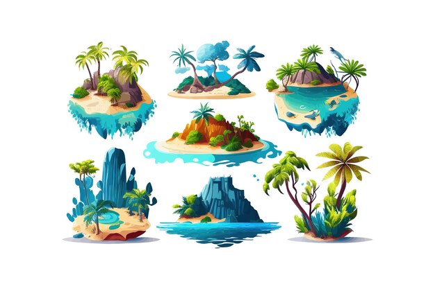 Ilha tropical no mar, oceano, conjunto de ilustrações vetoriais