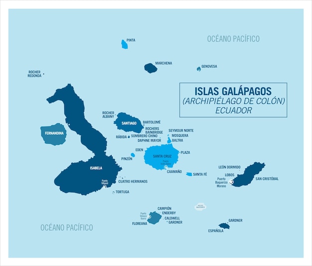 Ilhas galápagos equador mapa vetorial político detalhado em tons azuis