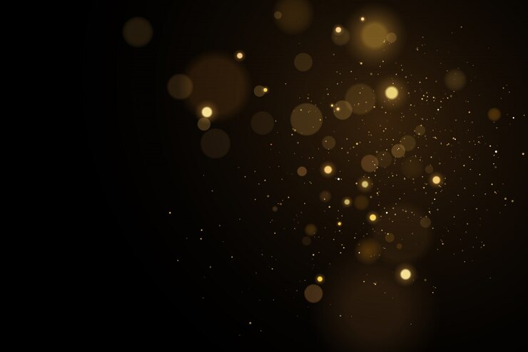 Ilumina o bokeh em um fundo preto. Brilha com partículas brilhantes voadoras. Efeito ouro claro.