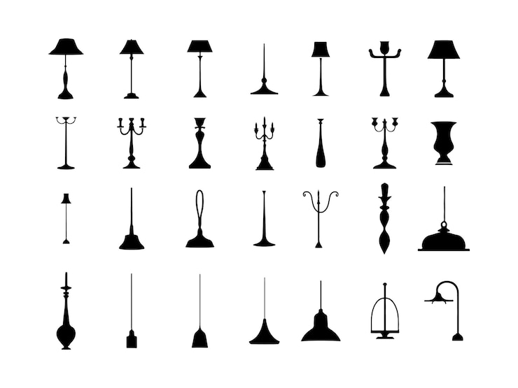 Vetor iluminação elegante e silhuetas de acessórios decorativos