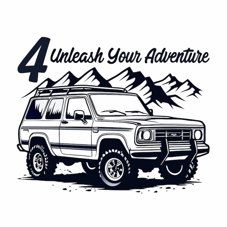 Vetor ilustra um veículo de trilha 4x4 com um fundo de montanha com o texto unleash your adventure