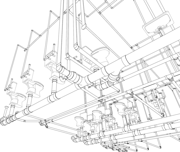 Vetor ilustração 3d da construção de edifícios e tubulação
