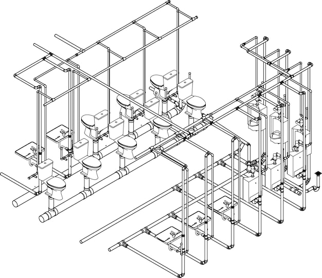 Ilustração 3d da construção de edifícios e tubulação