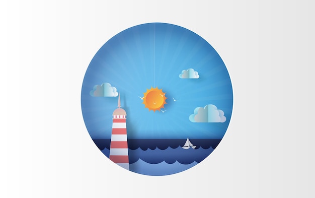 Ilustração 3D da ilha com farol Barco de iluminação na vista para o mar à luz do sol no conceito de círculo de céu, férias Temporada de verão Design gráfico círculo simples à beira-mar, ofício de papel e cut.vector.eps10.