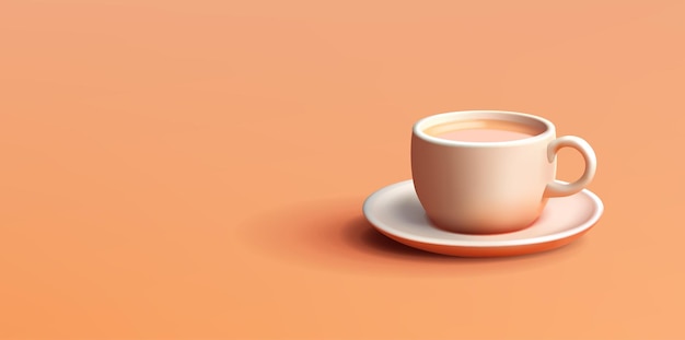 Ilustração 3D de café ou xícara de chá com discoteca cores laranja pastel desenho animado realista isolado