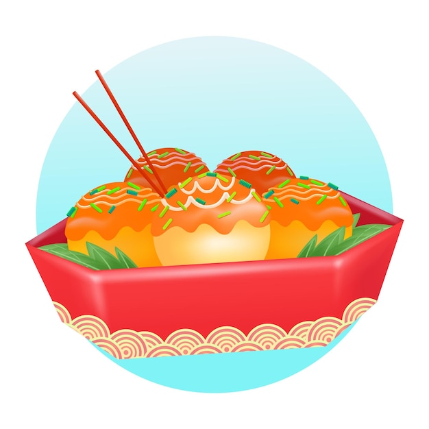 Vetor ilustração 3d de comida japonesa de takoyaki em uma lancheira