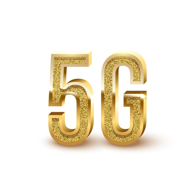 Vetor ilustração 3d de conexão 5g com a internet sinais dourados cintilantes e cintilantes sobre fundo branco