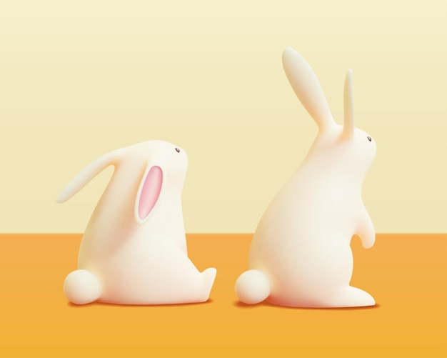 Vetor ilustração 3d de dois coelhos brancos vistos de trás elementos animais adoráveis isolados em fundo amarelo adequado para domingo de páscoa e festival do meio outono