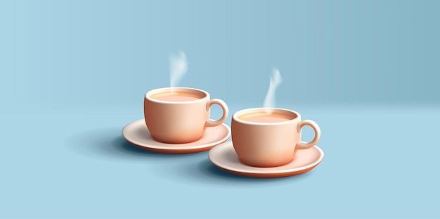 Ilustração 3d de duas xícaras de café ou chá com um prato de bebida de outono quente com vapor isolado em azul