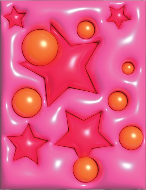 ilustração 3D de estrelas cor de rosa e esferas laranja em uma arte de renderização 3d de fundo rosa