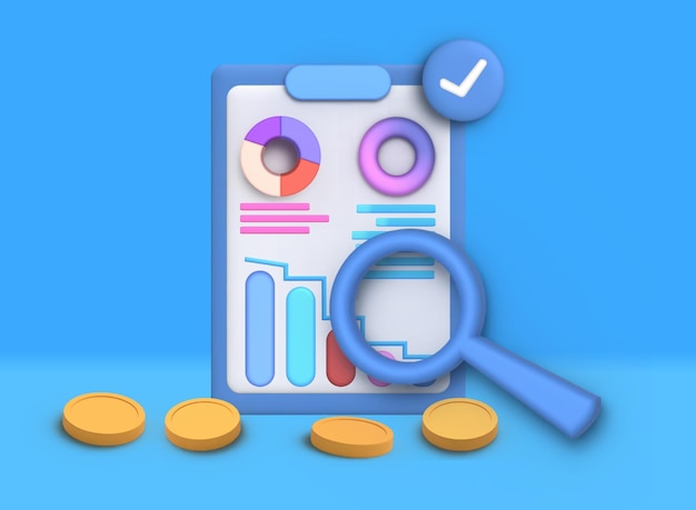 Ilustração 3D de negócios ou nota de análise de dados de crescimento de negócios