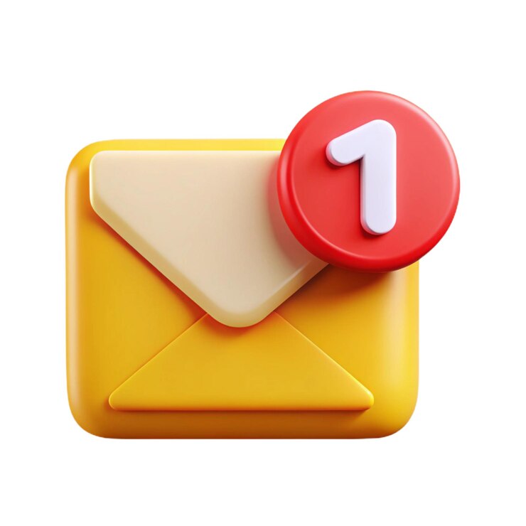 Vetor ilustração 3d de um envelope amarelo com um ícone de notificação vermelho mostrando uma nova mensagem