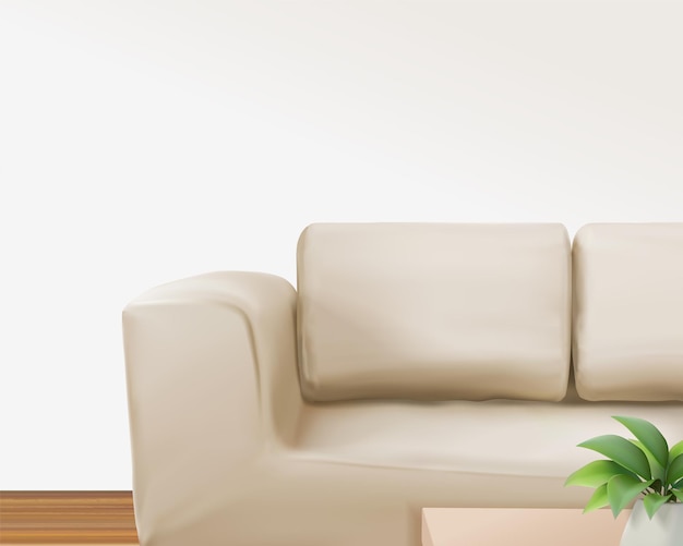 Ilustração 3D de um sofá realista de cor bege na sala de estar com parede branca e elemento de design de chão de madeira para promoção publicitária