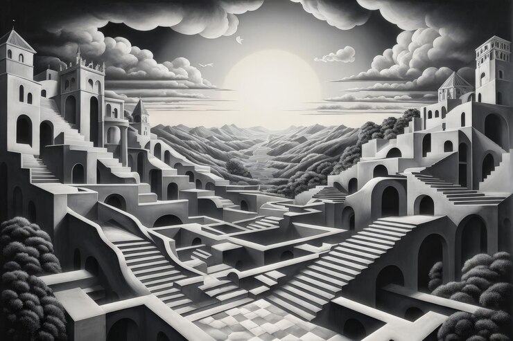 Vetor ilustração 3d de uma bela paisagem de fantasia com o antigo castelo
