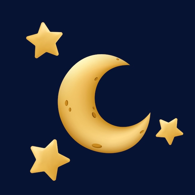 Ilustração 3D de uma meia lua decorada com pequenas estrelas