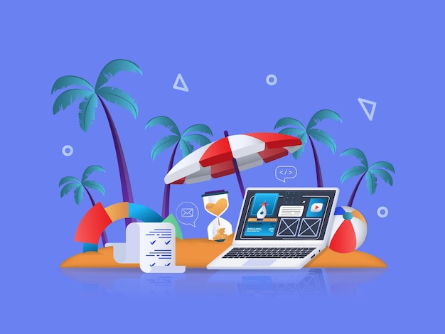 Ilustração 3d do conceito freelance composição do ícone com local de trabalho na ilha tropical vetor grátis