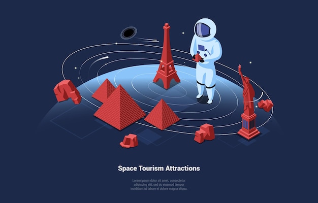 Ilustração 3d em estilo cartoon de atrações de turismo espacial