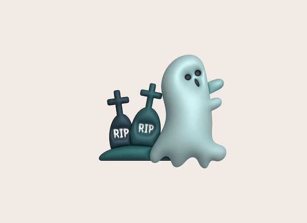 Vetor ilustração 3d fantasma bonitinho de halloween e cemitério grave