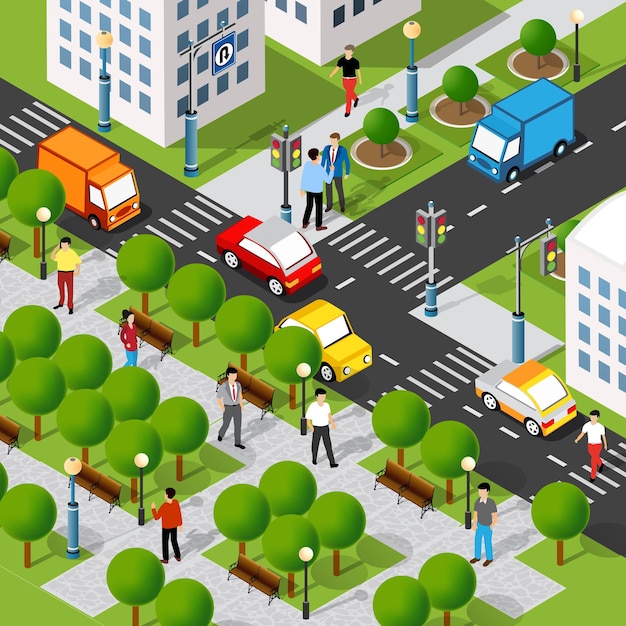 Ilustração 3D isométrica do bairro da cidade com casas