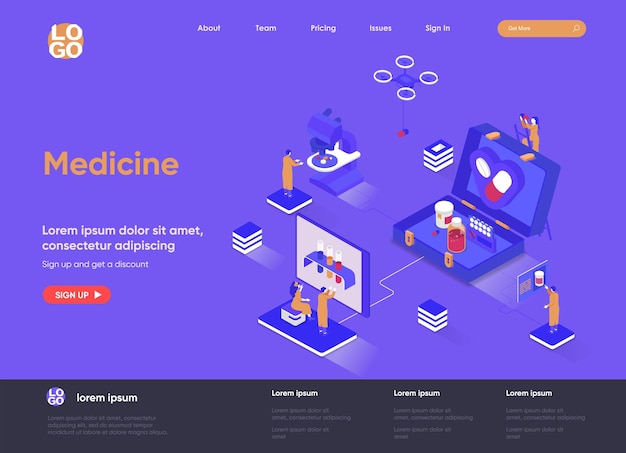 Ilustração 3d isométrica do site da página de destino medicine com personagens