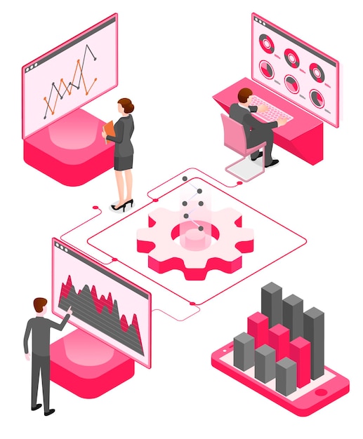 Ilustração 3d isométrica para negócios isometria uma equipe de especialistas está envolvida no trabalho