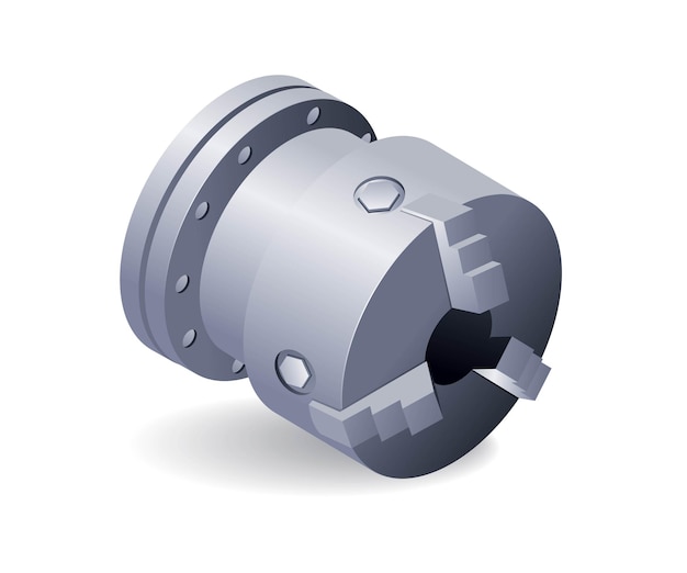 Ilustração 3D isométrica plana de peças de máquina de torno de chuck manual