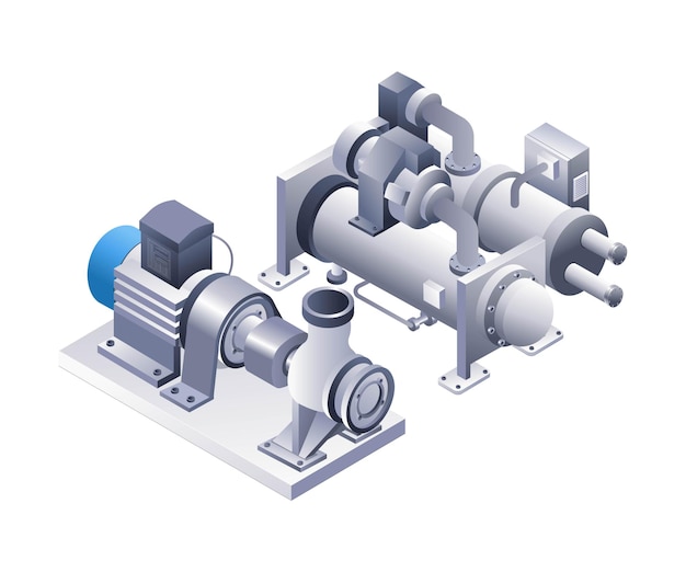 Ilustração 3D isométrica plana de tubos de bombas de água de refrigeração industriais