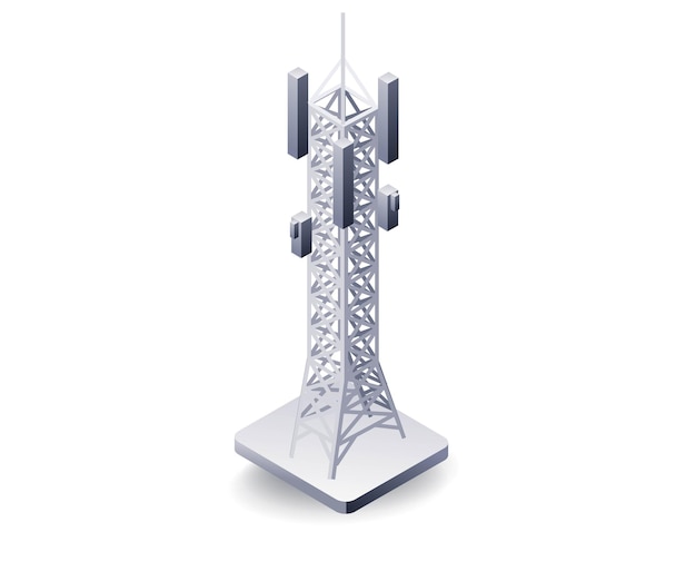 Vetor ilustração 3d isométrica plana do conceito de torre de rede de tecnologia da informação