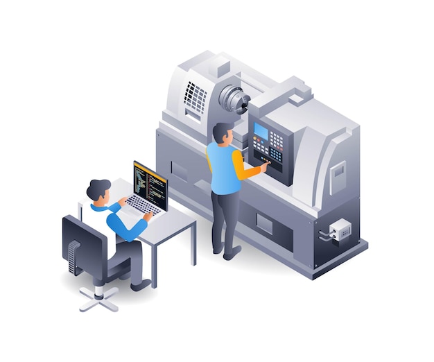 Ilustração 3d isométrica plana do operador de máquina cnc automática