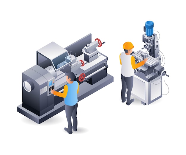 Vetor ilustração 3d isométrica plana do operador manual do torno e da broca