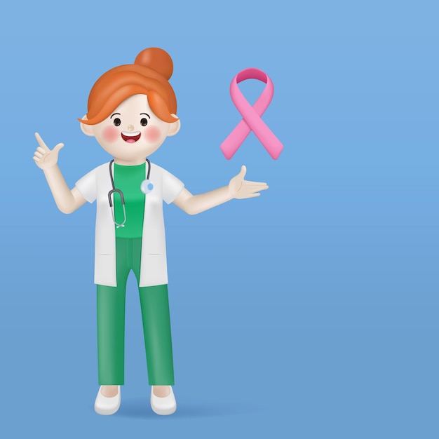 ilustração 3D personagem de mulher médica bonito dos desenhos animados apresentando uma fita rosa no câncer de mama aw