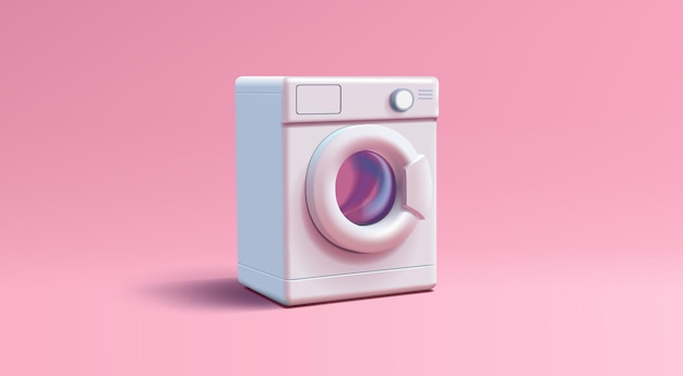 Ilustração 3D realista de máquina de lavar roupa, equipamentos domésticos ou de lavandaria renderizados em elemento publicitário de fundo rosa